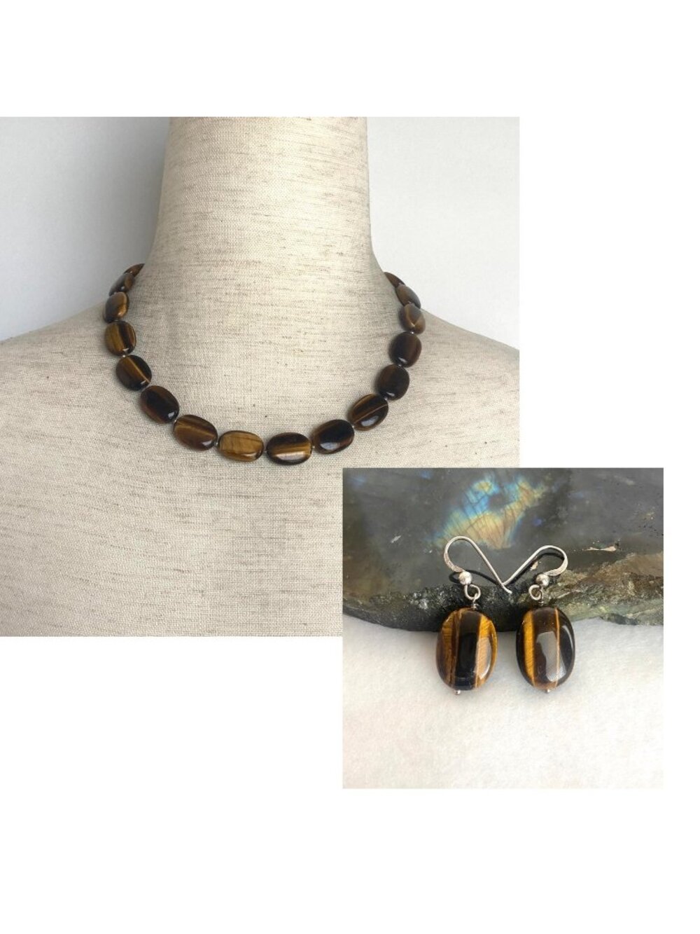 Sterling Silver 925 Oval Tigers Eye Beaded Necklace & Dangle Earring Set 17.5"